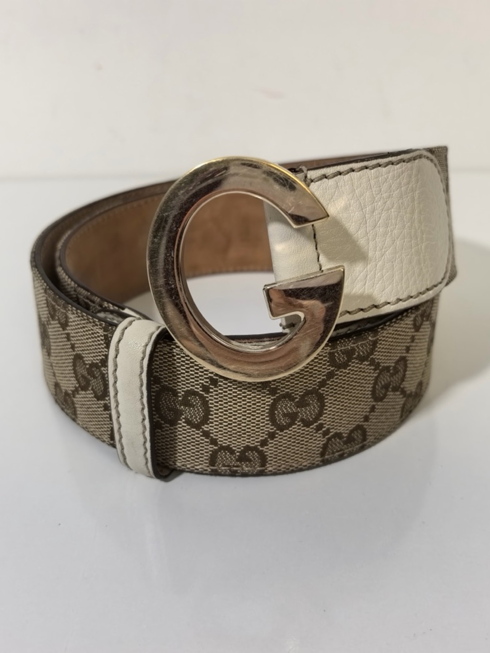Gucci GG Supreme Canvas & White Leather Belt with G Buckle size 4*100cm